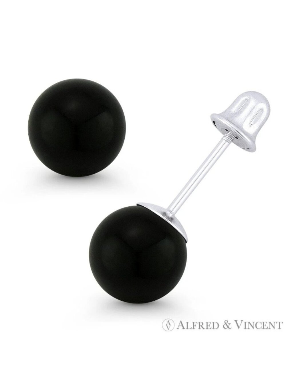 Black Onyx Ball Bell-Type Screwback Stud Earrings in 14k White Gold